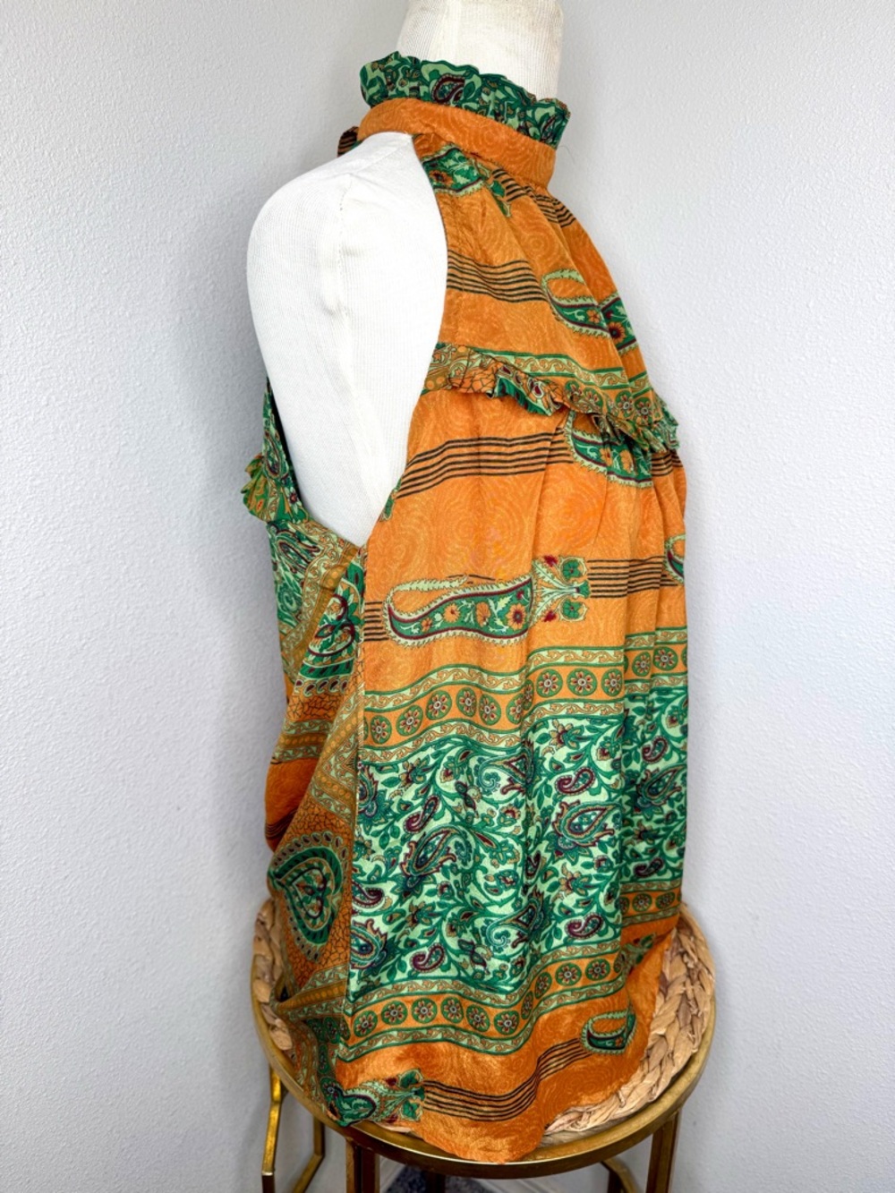 Anthropologie Sissel Edelbo halter top Blouse Orange Green Paisley Silk Bohemian